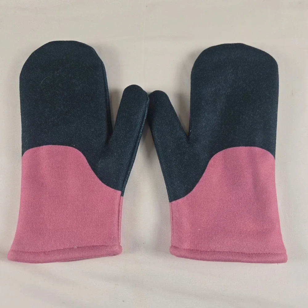 Embroidered Floral‎ Felt Mittens Womens Pink Boho Folk Art Fleece Lined